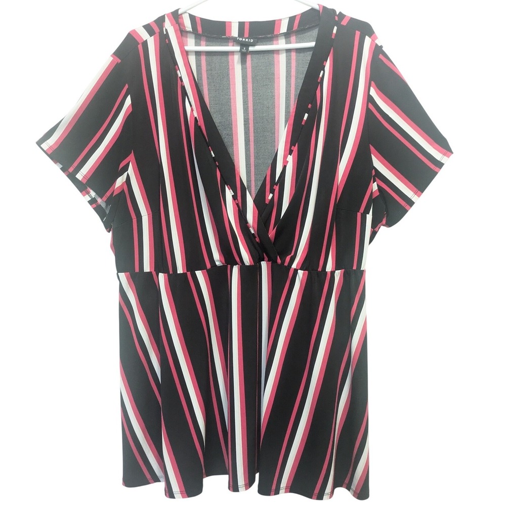 Torrid Womens Size 3‎ V Neck Short Sleeve Peplum Top Black Pink Striped Casual